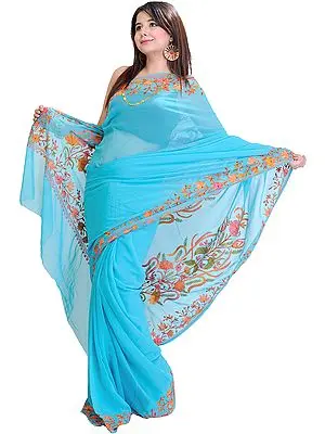 French-Blue Sari with Kashmiri Floral Embroidery on Border and Anchal