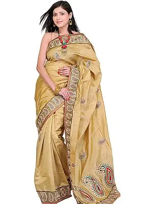 Mustard-Gold Wedding Sari from Banaras with Zardozi Embroidered Paisleys