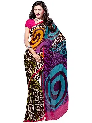 Black Sari from Surat with Arabesque Print
