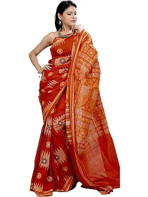 Orange-Rust Bomkai Sari from Orissa with Hand Woven Chakras