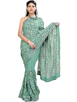 Sea-Green Wedding Saree with Thread Embroidered Flowers and Sequins