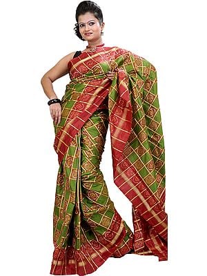 Green and Red Ikat Wedding Sari Hand-Woven in Pochampally