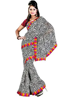 Black and White Printed Sari from Surat with Patch Border