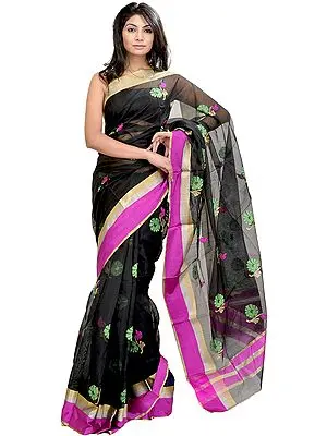 Jet-Black Chanderi Sari with Woven Flowers in Multi-Colored Thread