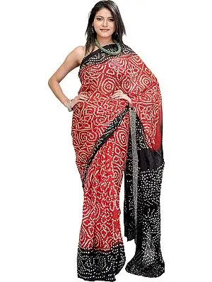 Red and Black Bandhani Tie-Dye Sari from Jodhpur
