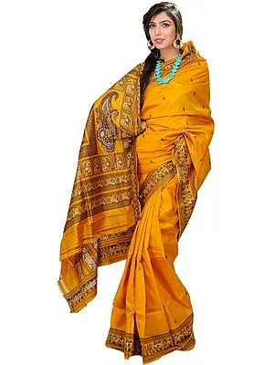 Sunflower Baluchari Hand-woven Sari Depicting Mythological Episodes