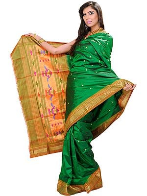 Dark-Green Paithani Sari with Hand-woven Peacocks on Aanchal