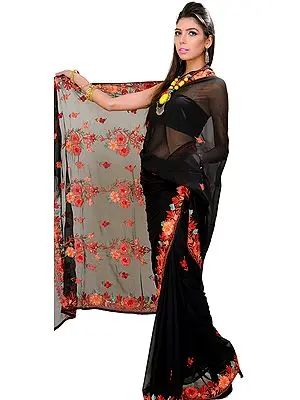 Jet-Black Kashmiri Sari with Aari Embroidered Flowers