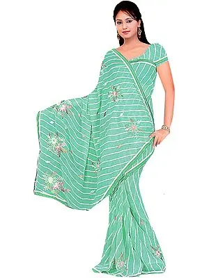 Pool-Green Printed Leheria Sari with Embroided Flowers