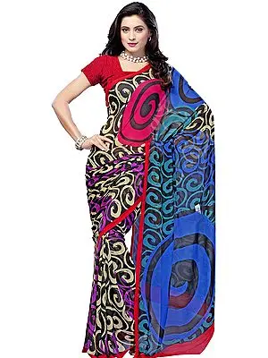 Multi-Color Sari from Surat with Plain Border and Printed Spirals