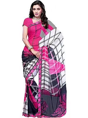 Tri-Colour Sari from Surat with Printed Checks and Patch Border