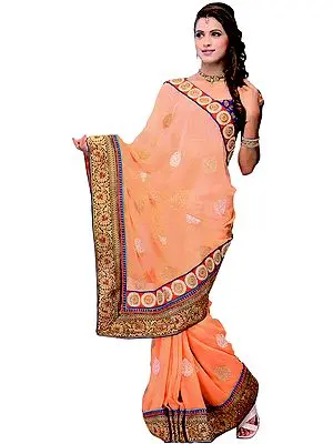 Dusty-Coral Wedding Sari with Metallic-Thread Embroidered Patch Border