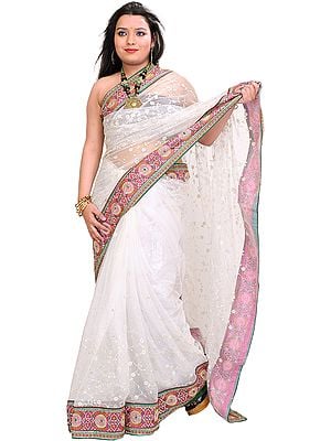 Bright-White Wedding Sari with Patch Border and Embroidered Sequins