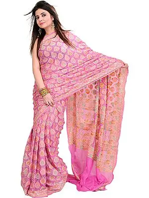 Aurora-Pink Bandhani Sari from Jodhpur with Woven Flowers All-Over