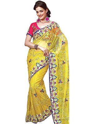 Apple-Green Designer Bridal Saree with Embroidered Border and Stones