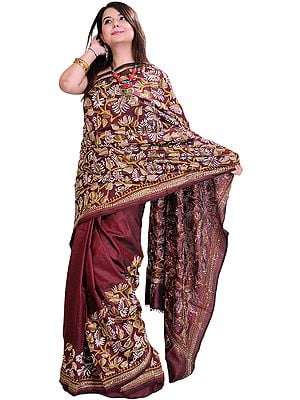 Oxblood-Brown Kantha Sari from Kolkata with Hand Embroidered Paisleys and Foliage