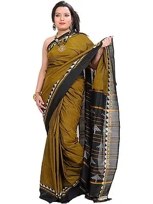 Dull-Gold Plain Patola Sari from Pochampally with Ikat Weave on Anchal