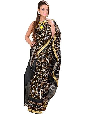 Black Bandhani Tie-Dye Gharchola Sari from Gujrat with Golden Thread Weave
