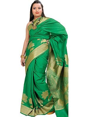 Kelly-Green Banarasi Sari with Woven Flowers and Peacock on Aanchal