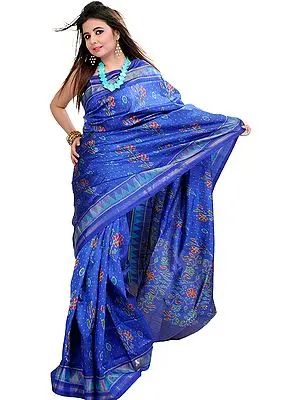 True-Blue Patan Patola Ikat Sari From Gujarat with Woven Flowers