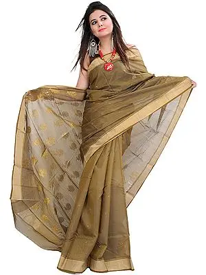 Gothic-Olive Chanderi Handloom Sari With Woven Bootis and Flowers on Aanchal