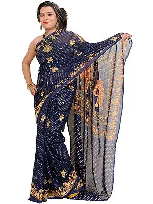 Patriot-Blue Sequined Sari from Jaipur with Printed Elephant Procession