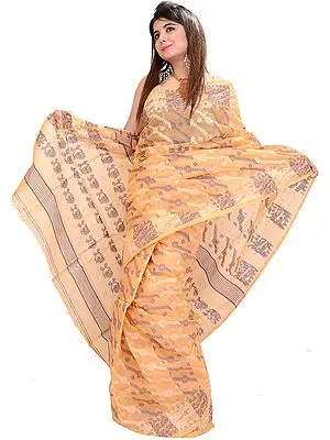 Peach-Cobbler Jamdani Sari from Bengal with Woven Flowers and Paisleys on Aanchal