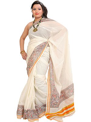 Vanilla-Ice Plain Kasavu Sari with Hand-Painted Madhubani Flowers