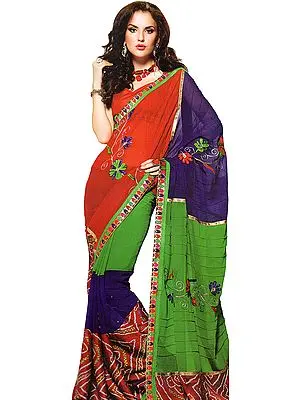 Tri-Color Sari with Embroidered Flowers and Bandhani Print