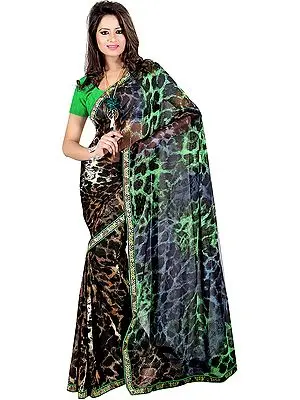 Leopard-Skin Printed Sari with Embroidered Patch Border