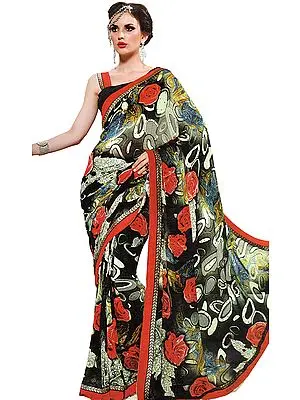 Black Sari with Printed Roses and Patch Border