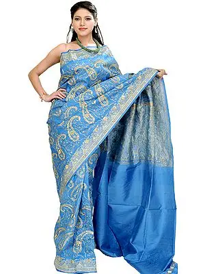 Blue-Jewel Banarasi Sari with Embroiderd Paisleys in Golden-Thread and Sequins