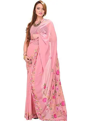 Dusty-Rose Kashmiri Sari with Floral Aari Embroidery