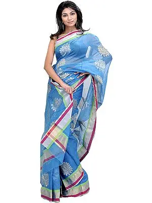 Methyl-Blue Chanderi Sari With Woven Leaves in Golden and Silver Thread