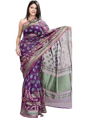 Purple-Magic Banarasi Saree with Woven Flowers and Brocaded Aanchal