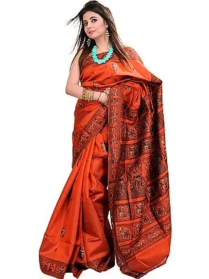 Red-Clay Baluchari Sari from Kolkata Depicting Radha Krishna on Aanchal