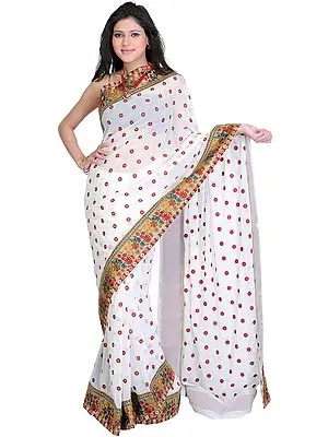 Bright-White Georgette Sari with Embroidered Bootis and Patch Border
