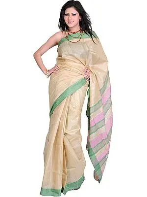 Marzipan-Colored Kosa Silk Sari from Jharkhand with Woven Stripes on Aanchal