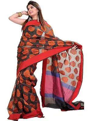 Double-Colored Banarasi Sari With Woven Flowers and Plain Border