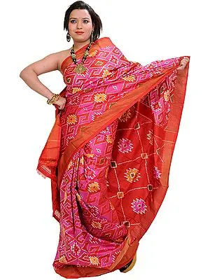 Pink and Red Gujarati Patan Patola Sari with Ikat Weave