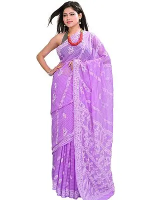 Lukhnavi Chikan Hand-Embroidered Sari with Woven Stripes