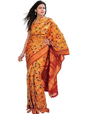 Radiant-Yellow Paan Patola Ikat Sari from Pochampally with Tissue Border