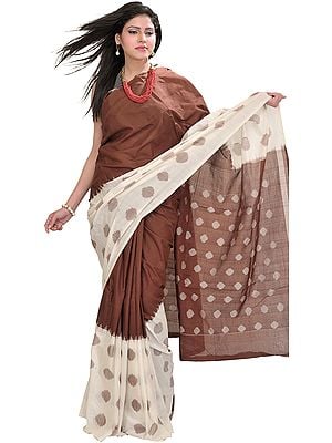Brown and Ivory Ikat Sari from Pochampally with Woven Bootis