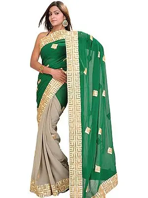 Silver-Sage and Green Shaded Wedding Saree with Golden Patch Border and Faux Pearls