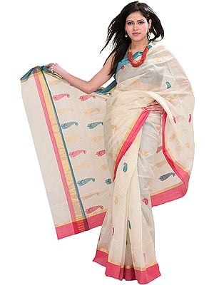 Ivory Handloom Chanderi Sari With All-over Woven Paisleys