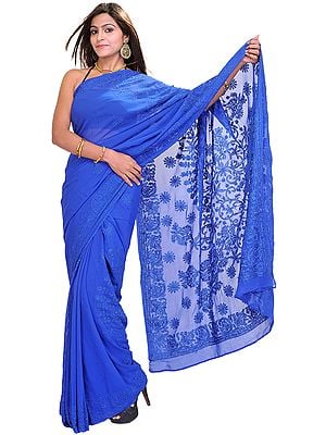 Olympian-Blue Sari From Lucknow with Lukhnavi Chikan Floral Embroidery by Hand