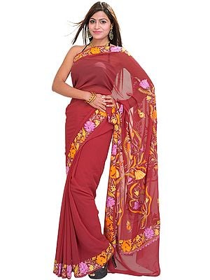 Earth-Red Sari with Kashmiri Floral Embroidery on Aanchal and Border