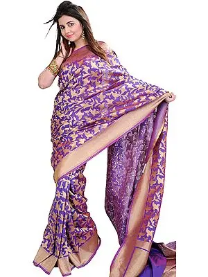 Royal-Lilac Banarasi Sari with Woven Flowers and Golden Border