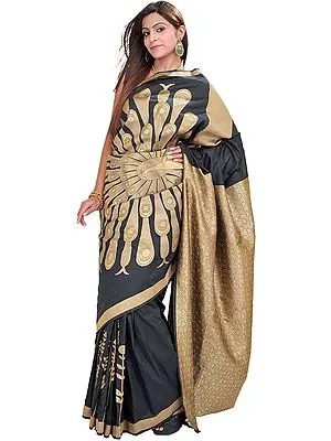 Phantom-Black Banarasi Saree with Woven Dancing Peacock in Golden Thread
