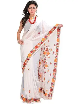 Bright-White Sari From Kashmir with Aari-Embroidered Flowers